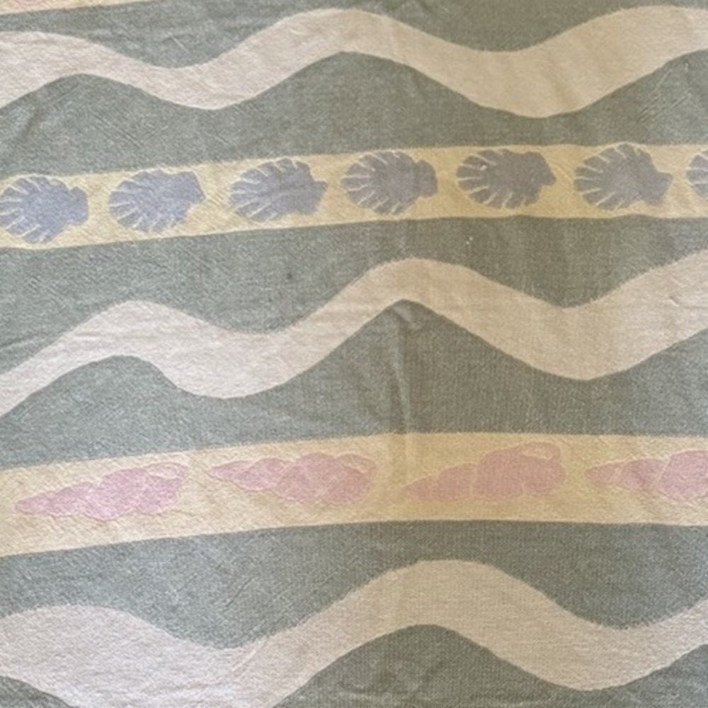 Vtg Seashell Seashore Beach 100 Cotton Throw Blanket Afghan Pale Blue Pink Green